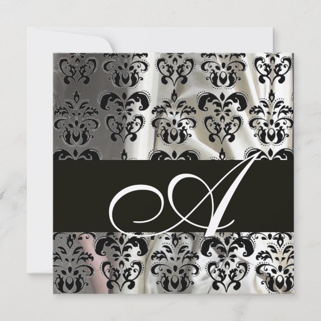 BLACK AND WHITE SILK DAMASK CLOTH MONOGRAM Gold Invitation (Front)