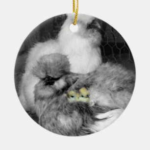 Black and White Silkie Chickens with yellow Chicks Ceramic Tree Decoration