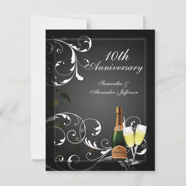 Black and White Silver Champagne Anniversary Party Invitation (Front)