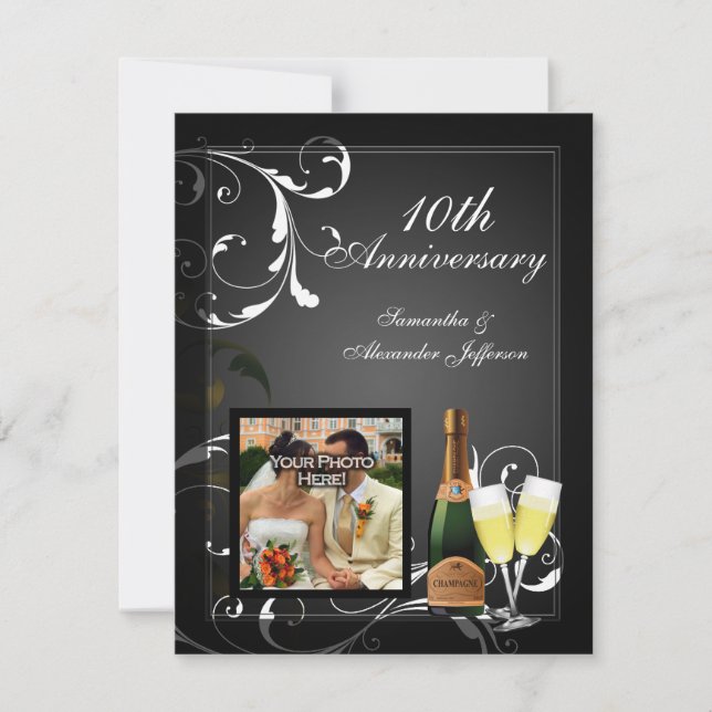 Black and White Silver Champagne Photo Anniversary Invitation (Front)