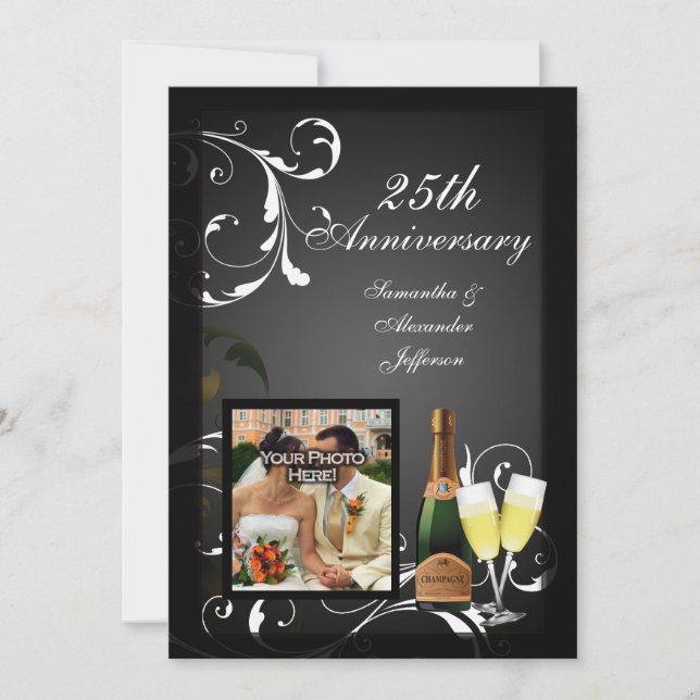 Black and White Silver Champagne Photo Anniversary Invitation (Front)