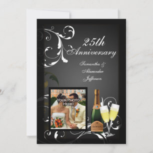 Black and White Silver Champagne Photo Anniversary Invitation