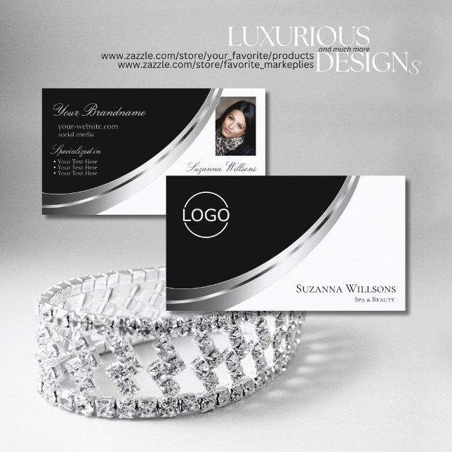 Black and White Silver Decor with Logo & Photo Business Card (Creator Uploaded)