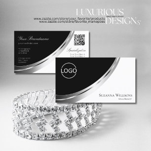 Black and White Silver Decor with Logo & QR-Code Business Card