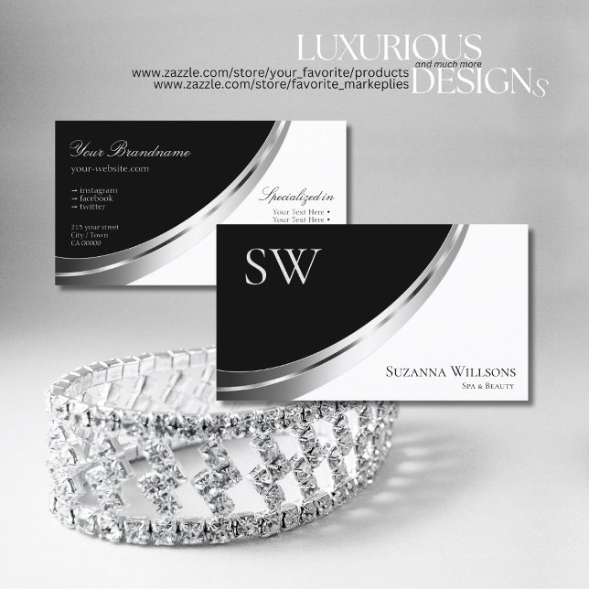 Black and White Silver Decor with Monogram Modern  Business Card (Creator Uploaded)
