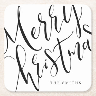 Black And White Simple Calligraphy Merry Christmas Square Paper Coaster