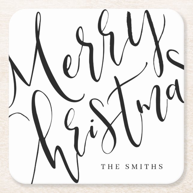 Black And White Simple Calligraphy Merry Christmas Square Paper Coaster (Front)