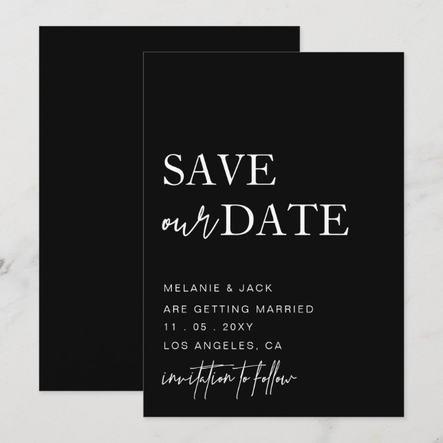 Black and White Simple Calligraphy Save The Date (Front/Back)