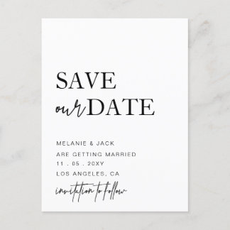 Black and White Simple Calligraphy Save The Date Announcement Postcard