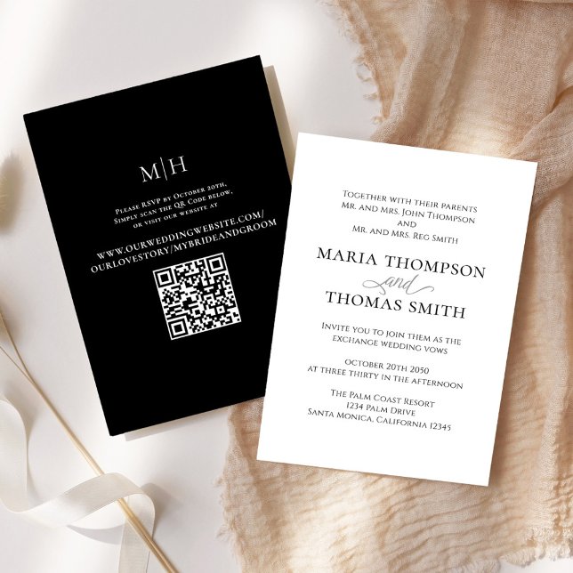 Black and White Simple Elegant Mniimalist Invitation (Simple black and white wedding invitation with scannable QR code. )