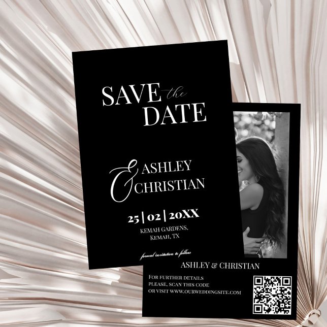Black and white simple elegant photo template (Black and white simple elegant minimalist photo template save the date card black wedding cards)