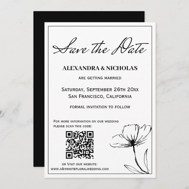  Black And White Simple Elegant Save The Date (Front/Back)