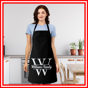 Black and White Simple Family Name Monogram Apron
