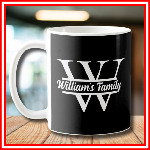 Black and White Simple Family Name Monogram Coffee Mug