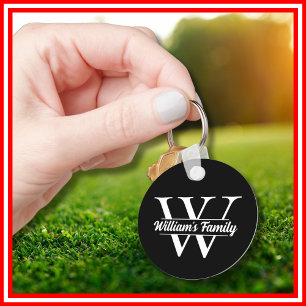 Black and White   Simple Family Name Monogram  Key Ring