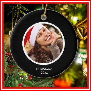 Black and White Simple Family Name Monogram PHOTO Ceramic Tree Decoration