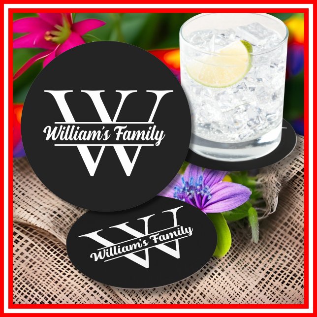 Black and White | Simple Family Name Monogram  Round Paper Coaster (Creator Uploaded)