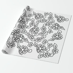 Black and white simple floral drawing wrapping paper