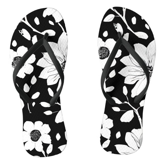 Black and White Simple Flower Seamless Pattern Flip Flops (Footbed)