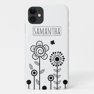 Black and white simple flowers and name floral iPhone 11 case