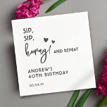 Black and White Simple Funny Adult 40th Birthday  Napkin<br><div class="desc">Get the party started with these 'Sip, sip, hooray! and repeat' black and white minimalist custom cocktail napkins. These are perfect for birthday, anniversary, or any special occasion. Personalise with your name and date for a touch of personal charm. You could change the colour of text and background as well....</div>