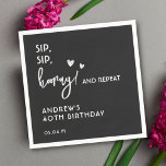 Black and White Simple Funny Custom Birthday Napkin<br><div class="desc">Get the party started with these 'Sip, sip, hooray! and repeat' black and white minimalist custom cocktail napkins. These are perfect for birthday, anniversary, or any special occasion. Personalise with your name and date for a touch of personal charm. You could change the colour of text and background as well....</div>