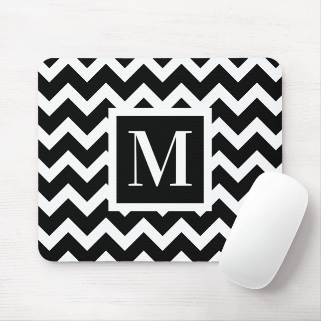 Black and White Simple Minimal Zigzag Monogram Mouse Mat (With Mouse)