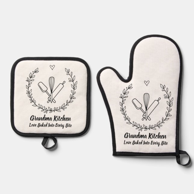 Black and White Simple Minimalist Cute Baking  Oven Mitt & Pot Holder Set (Front)