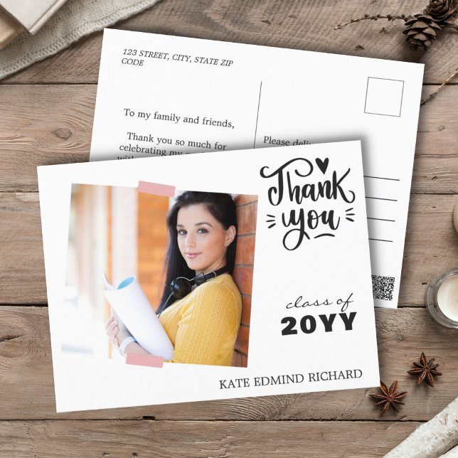 Black and White Simple Photo Graduation Thank You  Postcard (Creator Uploaded)