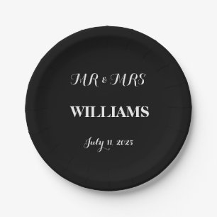 Black and White Simple Script Minimalist Wedding Paper Plate
