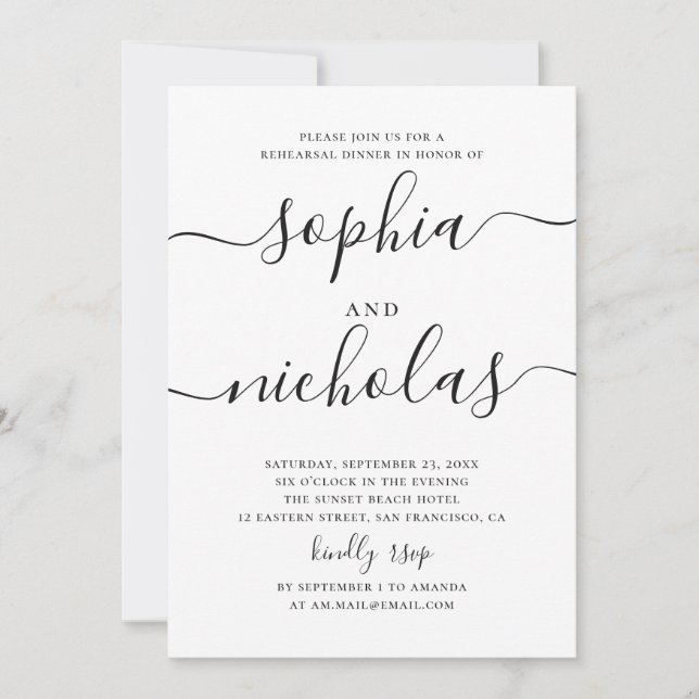 Black and white simple script rehearsal dinner invitation (Front)