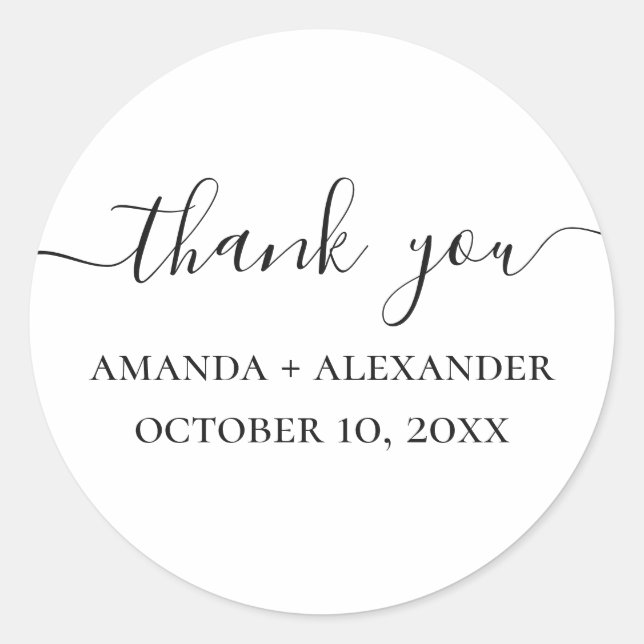 Black and white simple script wedding thank you classic round sticker (Front)