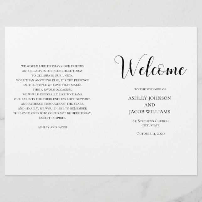 Black and white simple wedding program folded (Front)
