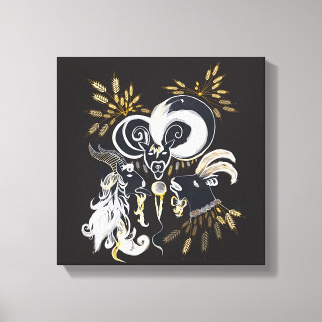 Black and white Singing Goats ink illustration Canvas Print (Front)