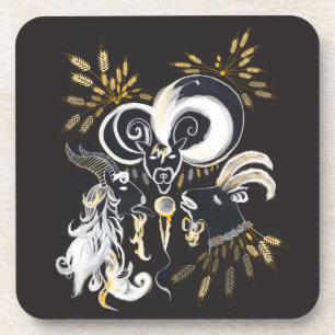 Black and white Singing Goats ink illustration Coaster