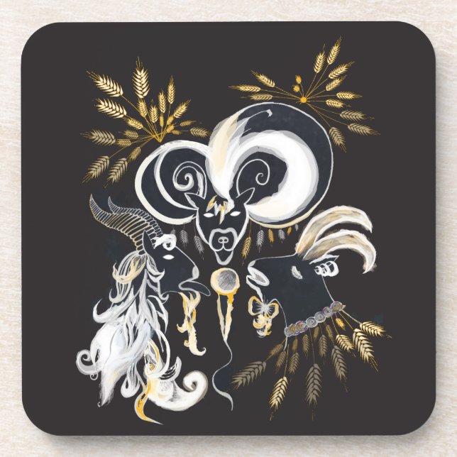 Black and white Singing Goats ink illustration Coaster (Front)