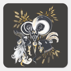 Black and white Singing Goats ink illustration Square Sticker