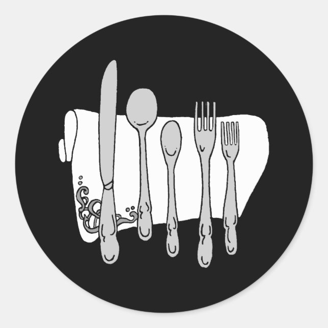 Black and White Siverware Design Classic Round Sticker (Front)