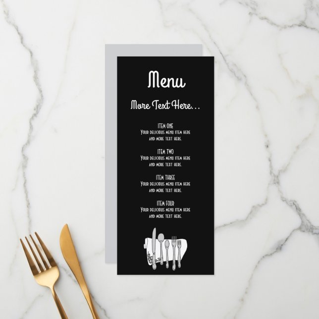 Black and White Siverware Editable Design 4" x 9" Menu (Front/Back In Situ)