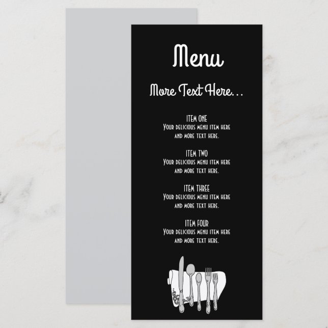 Black and White Siverware Editable Design 4" x 9" Menu (Front/Back)