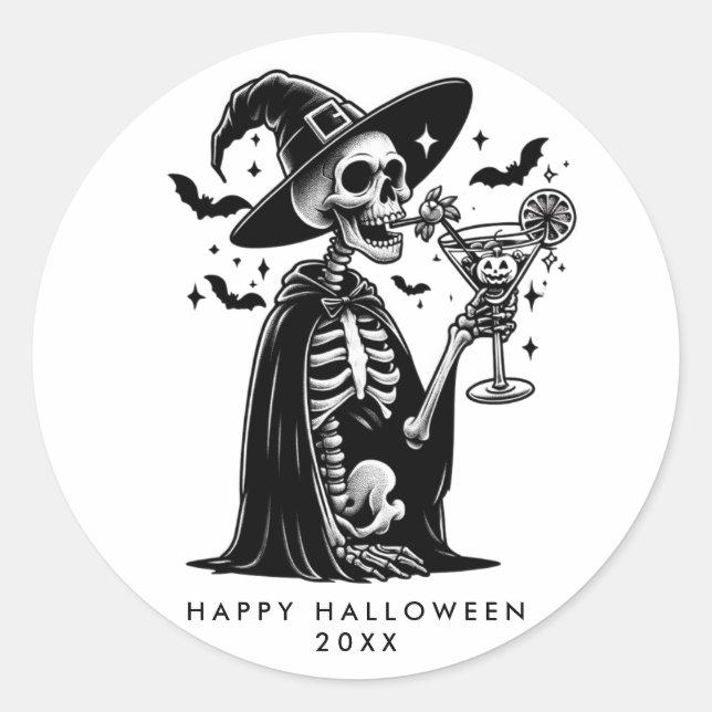 Black and White Skeleton Halloween Party Classic Round Sticker (Front)