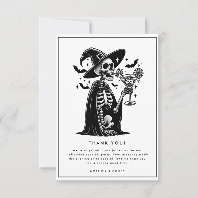 Black and White Skeleton Halloween Party Thank You Card (Front)