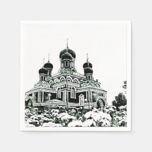 Black and White Sketch Church Paper Napkin
