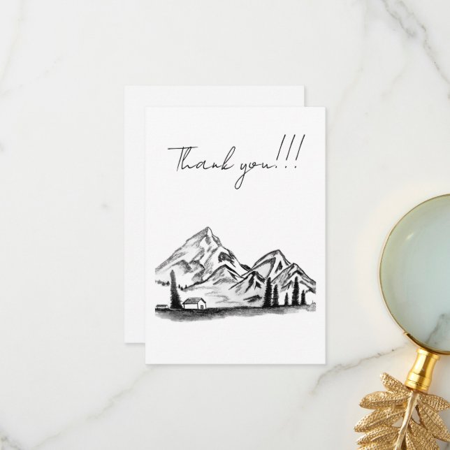 black and white sketch of Mountains Thank You Card (Front/Back In Situ)