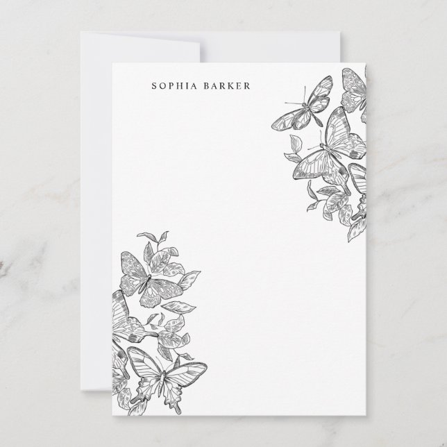 Black and White Sketched Butterflies Stationery Card (Front)