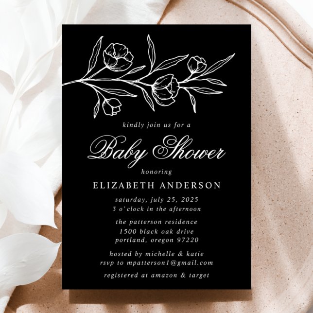 Black and White Sketched Floral Baby Shower Invitation (Creator Uploaded)