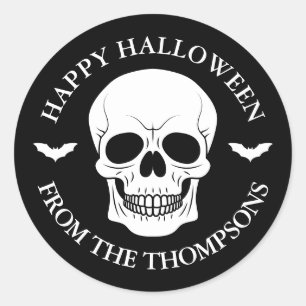 Black And White Skull And Bats With Text Halloween Classic Round Sticker