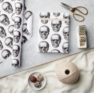 Black and White Skull Pattern Halloween Wrapping Paper