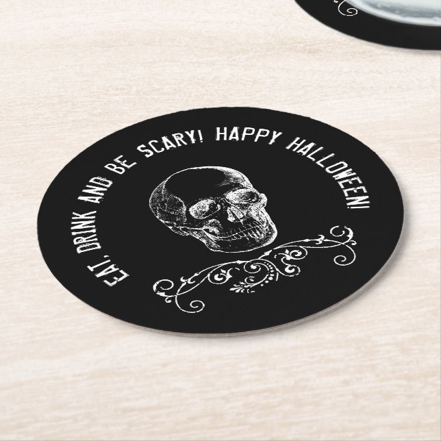 Black and White Skull Personalised Halloween Party Round Paper Coaster (Angled)