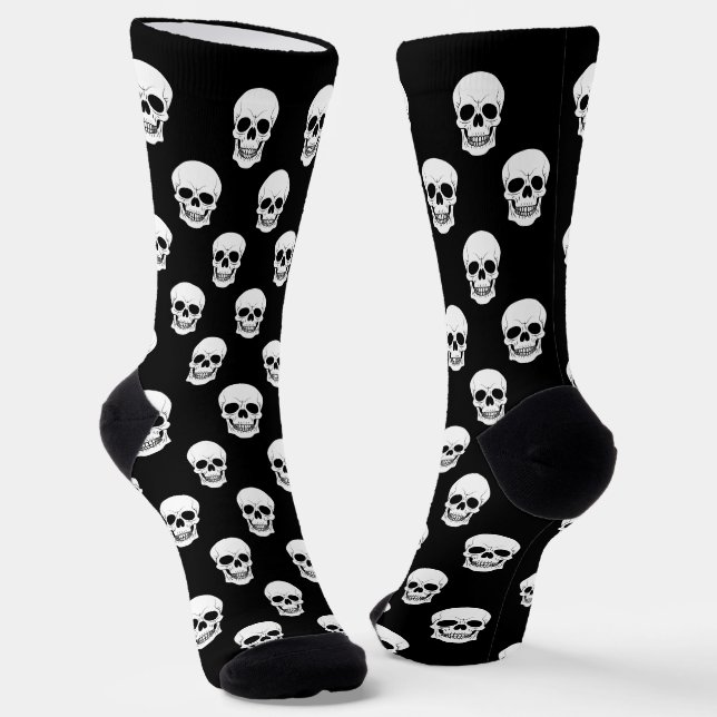 Black And White Skull Silhouette Pattern Halloween Socks (Angled)